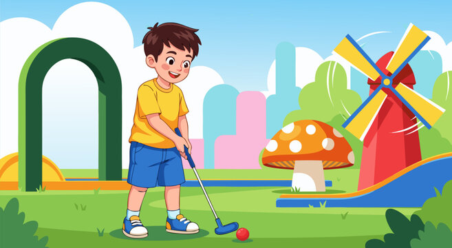 Playful little boy having fun playing miniature golf on a whimsical course, a charming cartoon vector illustration
