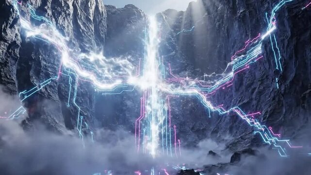 Futuristic energy streams flow through rocky mountain peaks shrouded in mist.