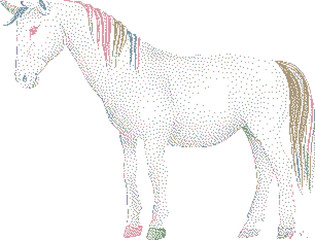 White unicorn composed of tiny dots with colorful mane and tail standing isolated on white background conceptual illustration © rokeya
