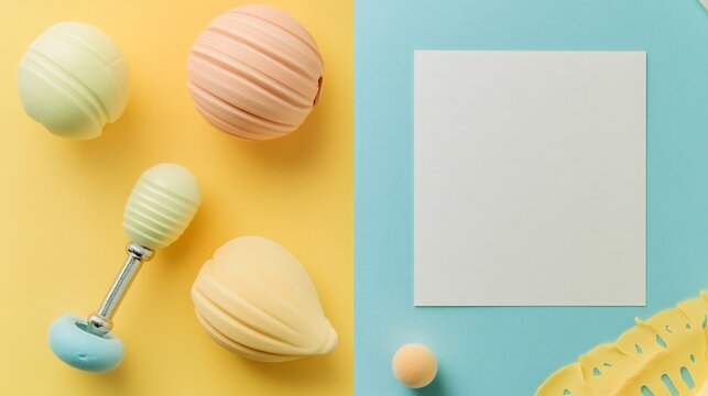 New Baby Card with a baby rattle on the left side leaving a blank space area on the right side for a welcoming message