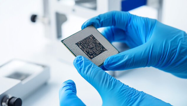 A scientist wearing blue protective gloves carefully holds a complex computer processor chip to examine its intricate golden contact pins for quality control and research purposes.