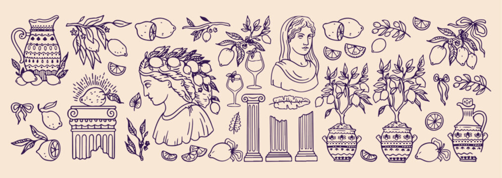 Classical antiquity roman sculpture, ancient greek architectural columns, historical museum artifact icons, neoclassical art design elements, roman statue and pillars, aesthetic history education grap