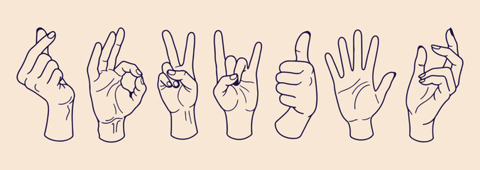 Fototapeta premium Peace sign hand gesture, rock and roll icons, thumbs up approval art, minimalist hand pose set, friendly communication line art, positive vibes hand doodles, clean vector gesture collection 