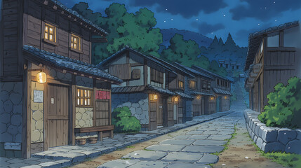 Fototapeta premium A Tranquil Nighttime Village Scene with Traditional Houses and Warm Lanterns Illuminating the Cobbled Pathway Amidst Lush Greenery