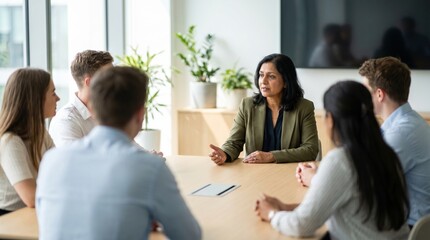 Fototapeta premium South Asian businesswoman leading meeting with attentive colleagues in modern conference room, professional discussion, confident leadership and collaborative teamwork