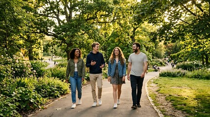 Obraz premium A diverse group of friends enjoys a leisurely walk through a lush green park on a sunny day, showcasing togetherness and outdoor leisure