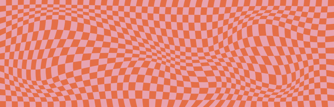 Groovy seamless background with a retro checkerboard design in pink and orange. Abstract pattern.