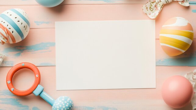 New Baby Card with a baby rattle on the left side leaving a blank space area on the right side for a welcoming message