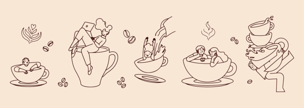 Relaxing coffee break doodles, person inside coffee cup, cozy caffeine lifestyle art, morning brew meditation icons, whimsical cafe character graphics, minimalist coffee lover set, surreal coffee stea