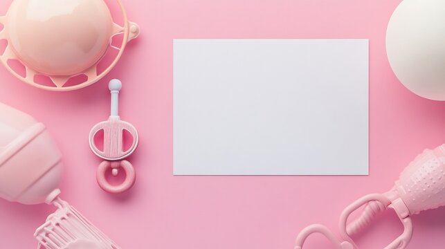 New Baby Card with a baby rattle on the left side leaving a blank space area on the right side for a welcoming message