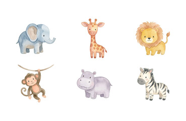 Naklejka premium Watercolor Baby Zoo Animal Icons Collection
