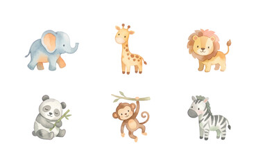 Naklejka premium Watercolor Baby Zoo Animal Icons Set