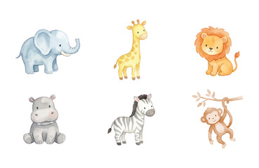 Naklejka premium Baby Zoo Animal Icons Collection Watercolor Neo-Minimalism Style