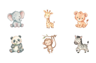 Naklejka premium Watercolor Baby Zoo Animal Icons Set Neo-Minimalist Nursery Illustrations
