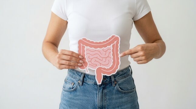 Anatomy of the colon and stomach cancer concept with a woman holding an intestine illustration.