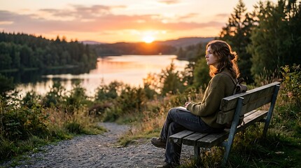 Fototapeta premium A thoughtful young woman sits peacefully on a park bench, captivated by the breathtaking sunset casting a golden glow over a serene forest lake, embracing a moment of tranquil reflection