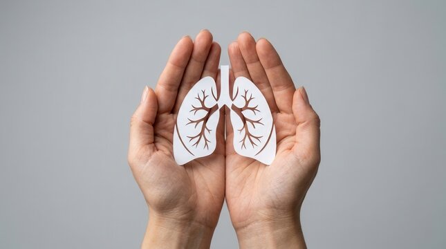 Paper lung held in cupped hands as a concept for organ donation and air pollution.