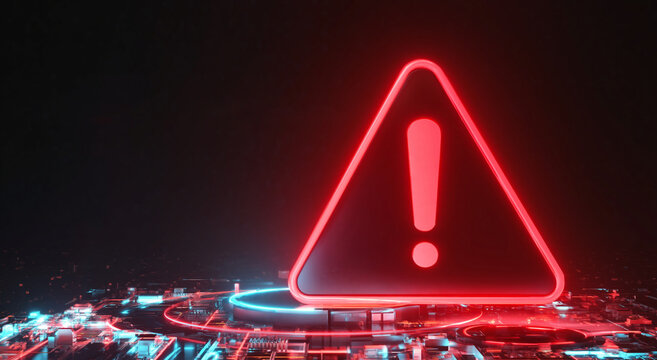 A glowing red triangular warning sign featuring a bold exclamation mark symbol created with futuristic neon light technology to represent critical digital system alert notifications.