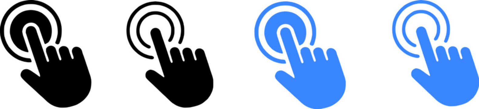 A set of four hand cursor icons in black and blue colors, indicating touch or click actions on a digital interface, used for web design and mobile app development.