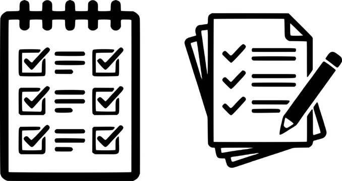 Black and white illustration of a notepad with checklists and a stack of papers with a pencil on top, symbolizing organization and task management.