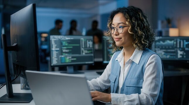A young Asian female programmer and diverse team working on future technology and coding in an office.