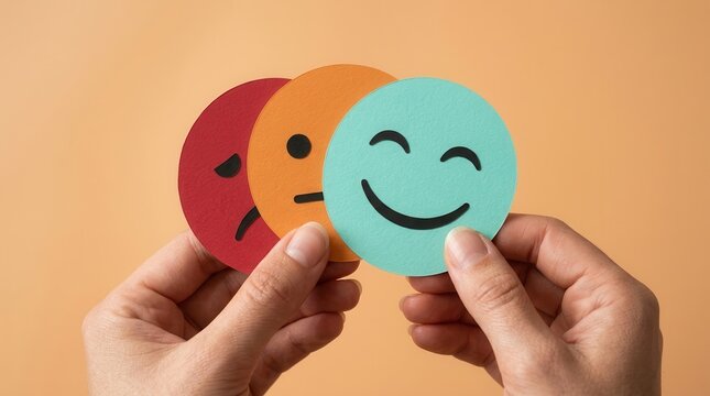 Split personality and mood swings concept showing hands holding different emotion paper cutouts.