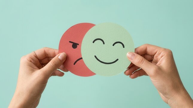 Split personality and mood change represented by a happy face hiding a sad face.