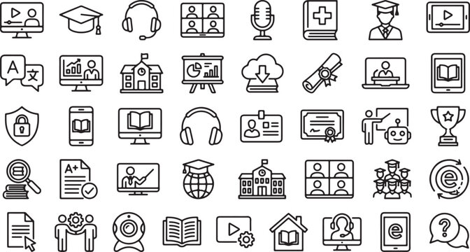 Online education e learning and digital classroom outline icon set for school training webinar and remote study