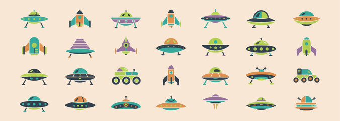 Retro sci-fi UFO set, vintage alien spaceship icons, futuristic outer space graphics, 1950s technology space art, cosmic adventure sticker icons, flying saucer spacecraft set, whimsical galaxy explore © Geetaroy