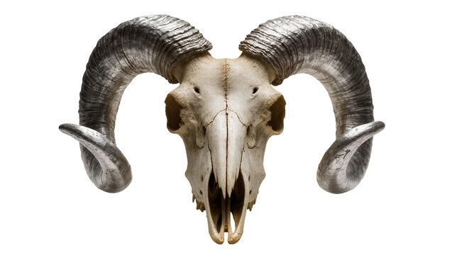 Ram skull with large curved horns, isolated on transparent background