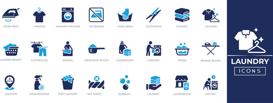 Laundry service icons featuring washing machine, dryer, iron, hanger, and clothes. Solid vector glyphs for domestic hygiene and housework.