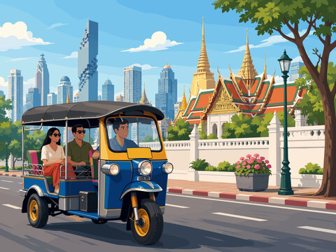 Flat vector illustration of a tuk tuk on a Bangkok street with temple roof and skyline in the background.