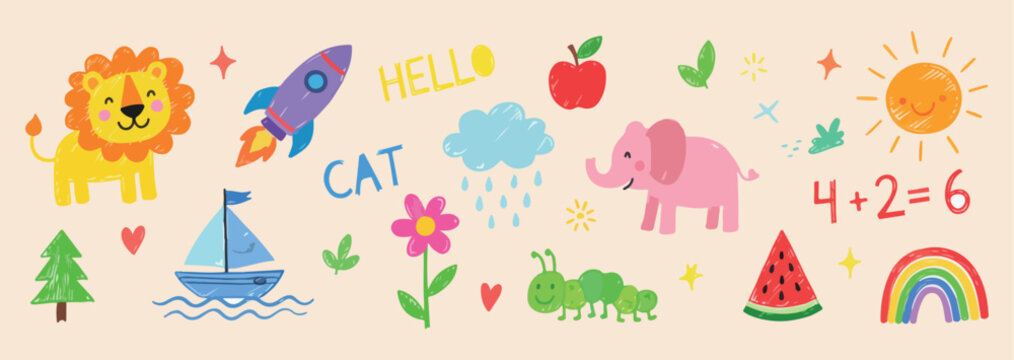 Preschool learning doodles icons, cute educational play graphics, kids school supply stickers, whimsical nature animal art, colorful childhood education set, happy learning moment icons, nursery schoo