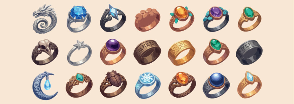 Fantasy RPG jewelry rings, magical game equipment icons, glowing gemstone ring set, mystical ancient jewelry art, video game treasure graphics, roleplay accessory icon set, ethereal magic power rings
