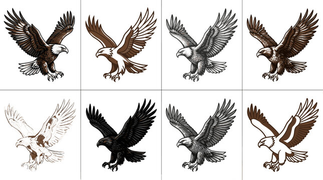Wild Eagle Bird Collection in Multiple Colors Flying Pose with Spread Wings Brown Black and Red Vector Set