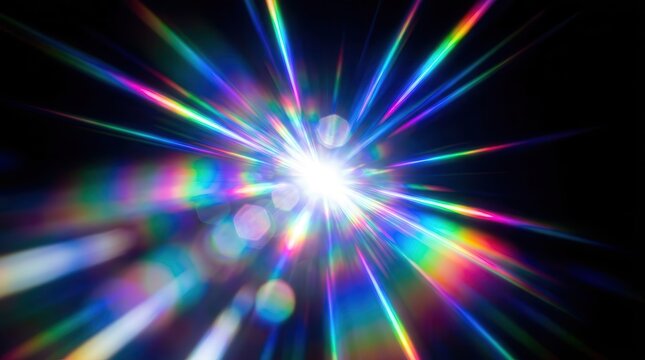 Abstract blurred colorful lens flare bokeh with prismatic light rays.