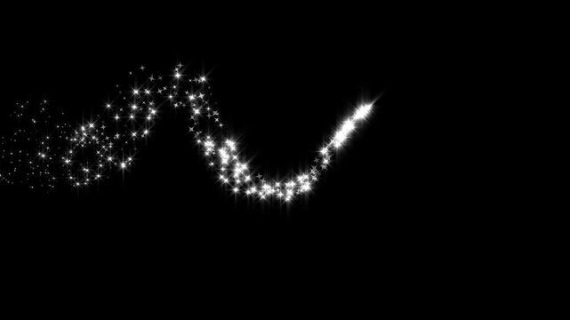 Sparkling glitter stars line animation with white star twinkling particles, glowing stardust trail, magic sparkle burst and shining fairy stars on black screen background seamless overlay video in 4k