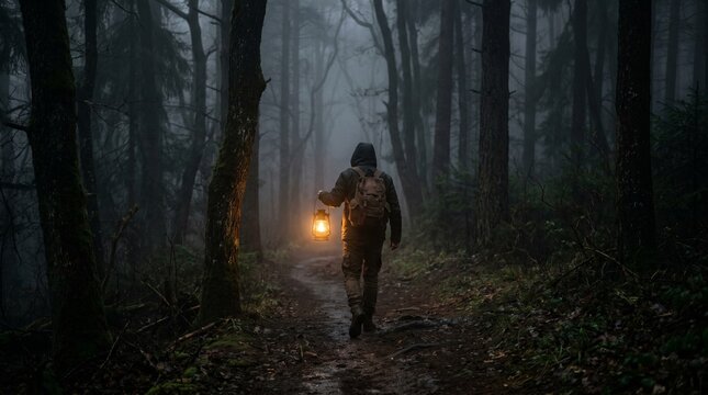 Man walking in foggy forest at night holding a lantern  
