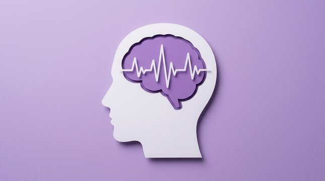 Encephalography brain and head silhouette paper art for alzheimer and epilepsy awareness on purple surface.