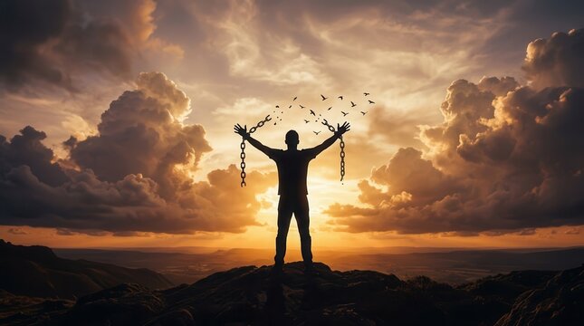 Man enjoying nature at sunrise after breaking his chains to set the birds free.