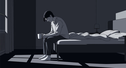 Fototapeta premium A Person Contemplating in a Bedroom Lit by Sunlight and Deep Shadows