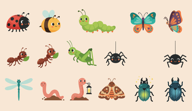 Cute garden insects icons, colorful cartoon bug stickers, friendly caterpillar butterfly art, nature wildlife education graphics, whimsical backyard insect set, kids nursery bug illustrations, happy b