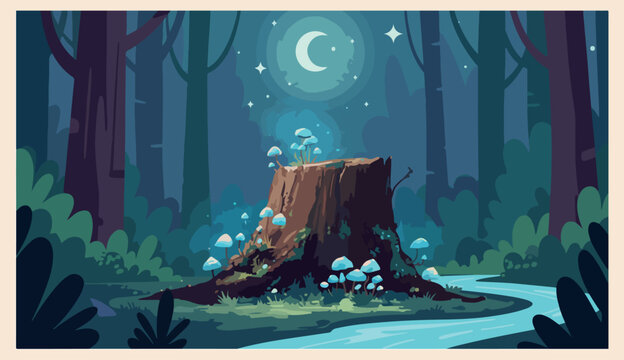 Enchanted moonlit forest landscape, magical glowing mushroom stump, mystical night woods art, ethereal fantasy nature background, cinematic moonlight forest graphics, dark fairytale forest scene, peac