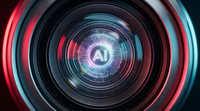 Futuristic Camera Lens with Digital AI Symbol and Circuit Board Interface, High Tech Optical Technology
