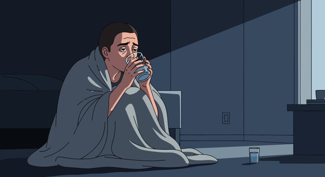 A Person Drinking Water, Feeling Sick And Wrapped In a Blanket In Low Light