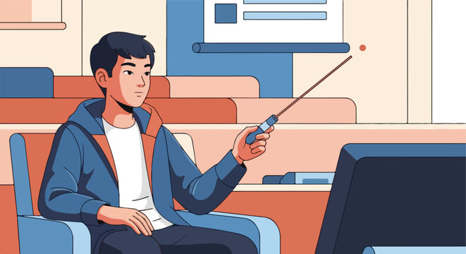Young man presenting in an auditorium, pointing at a screen with a stick. Education concept
