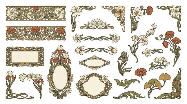 Art Nouveau Floral Frame Border Vintage Botanical Decorative Vector Elements Set