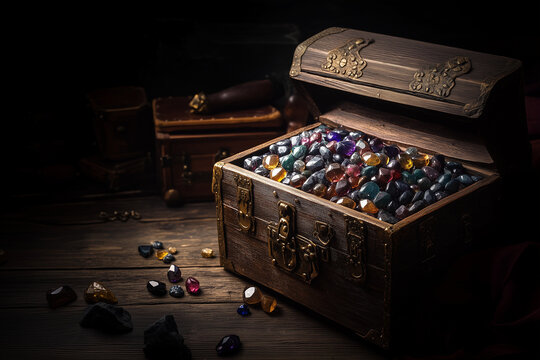 An old wooden treasure chest full of precious gems in secret cave background.