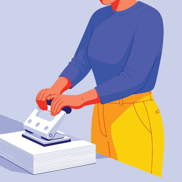 Hands pressing a white hole puncher onto a tall stack of paper, office work