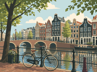 Fototapeta premium Flat vector illustration of a bicycle near Amsterdam canal houses with bridge, trees and clean travel postcard composition.